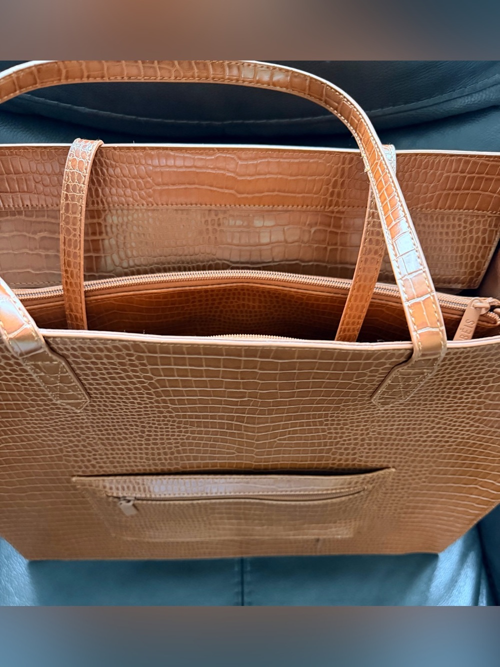 BEIS Croc-Embossed Tote in Cognac Brown